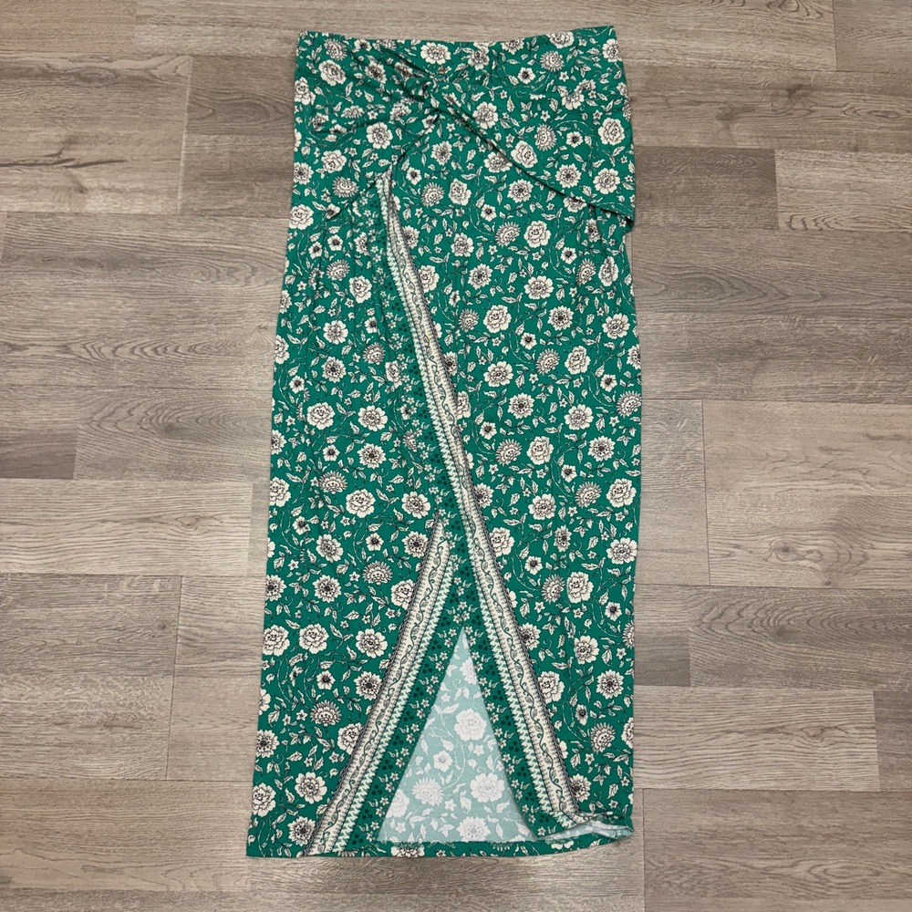 Free People Green Floral Twist Front Faux Wrap Maxi Skirt Small OB1500128